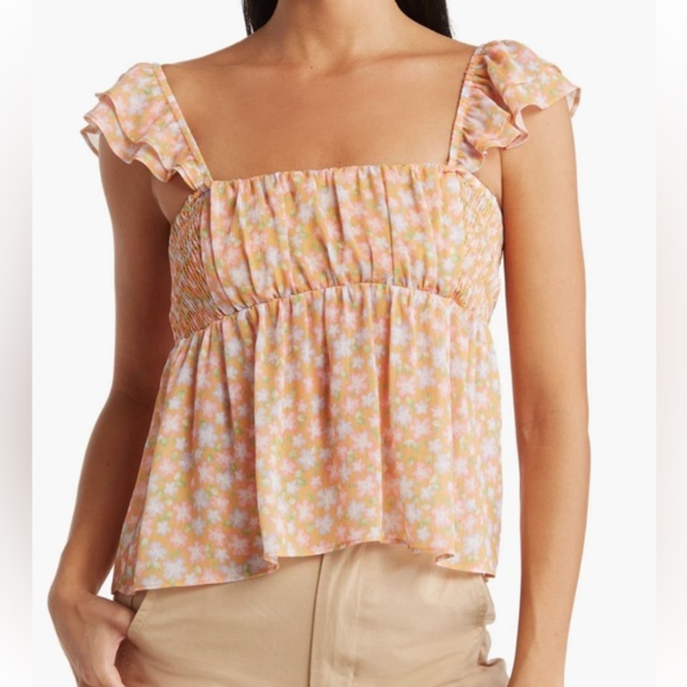 Elodie Top‎ Sz Large Ditsy Bust Ruffle Sleeve Romantic Babydoll Peach Floral NWT